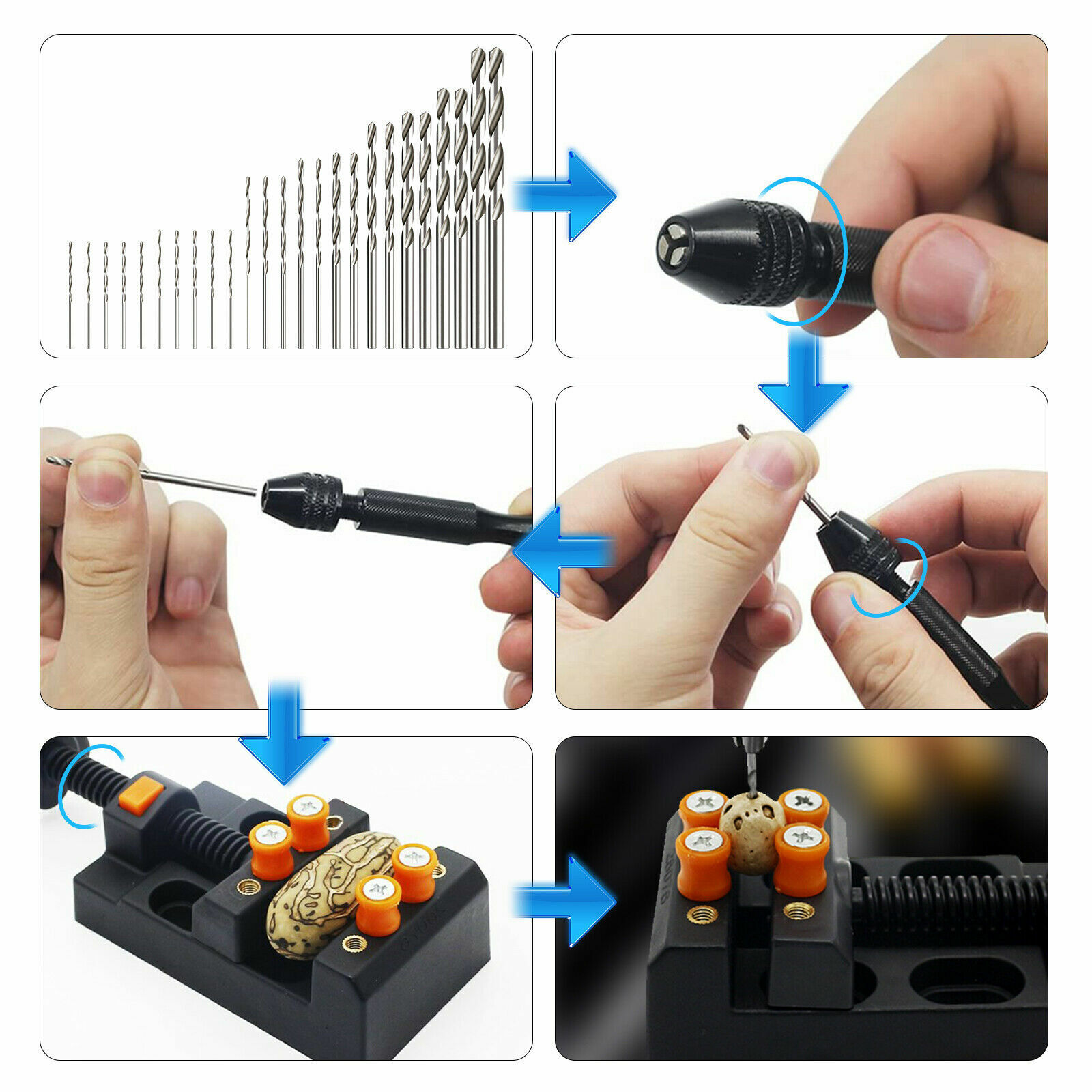 60Pcs Mini Micro Hand Drill Bits Set Small Manual Keyless Chuck Pin Vise Rotary