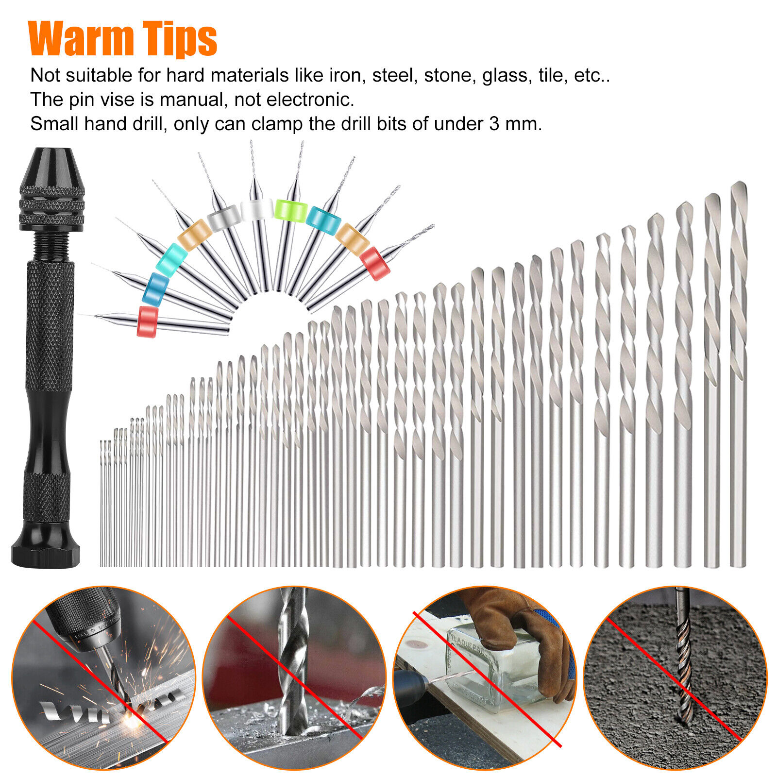 60Pcs Mini Micro Hand Drill Bits Set Small Manual Keyless Chuck Pin Vise Rotary