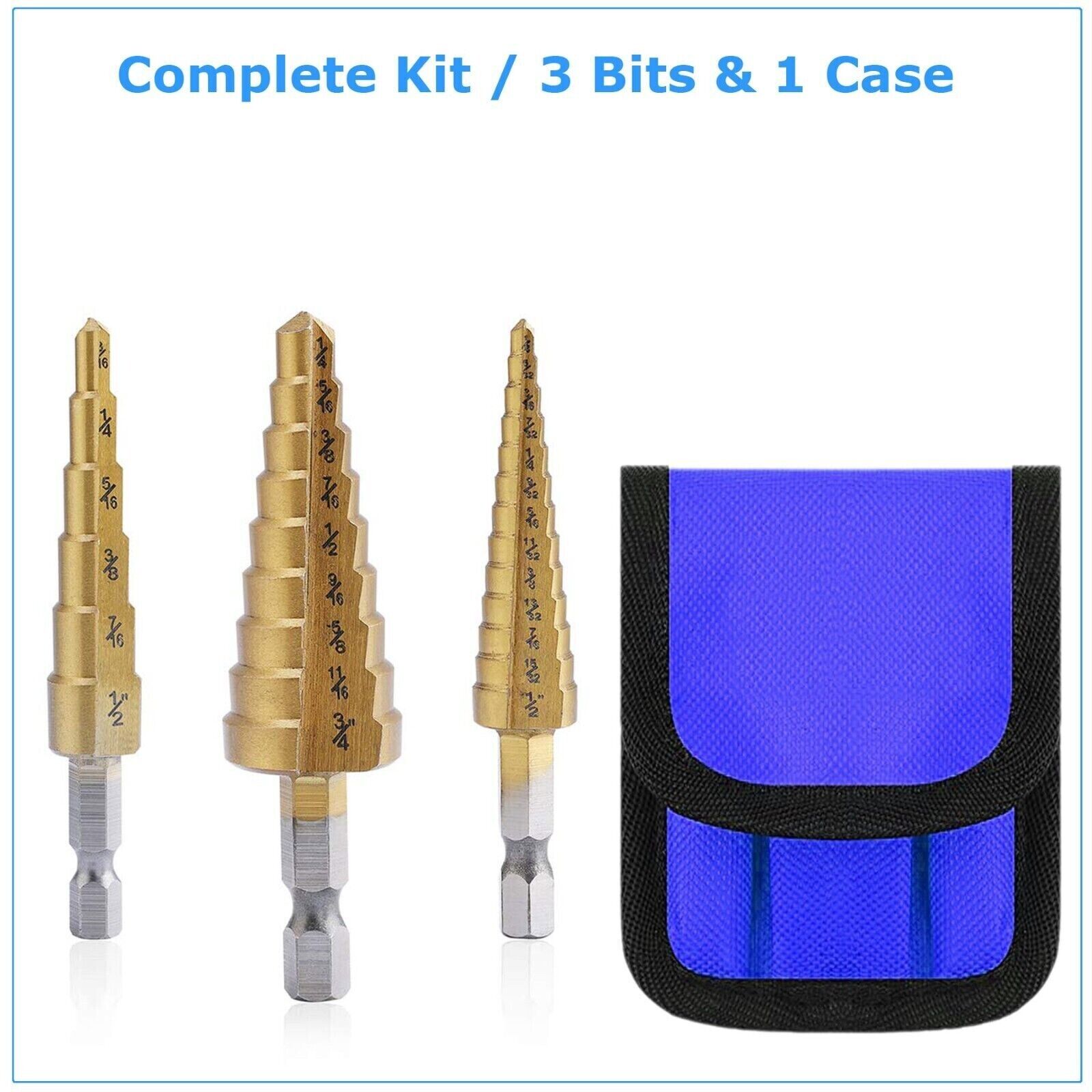 3Pcs Drill Bit Set Titanium Nitride Coated Steel Step Quick Change 1/4 Shank HSS