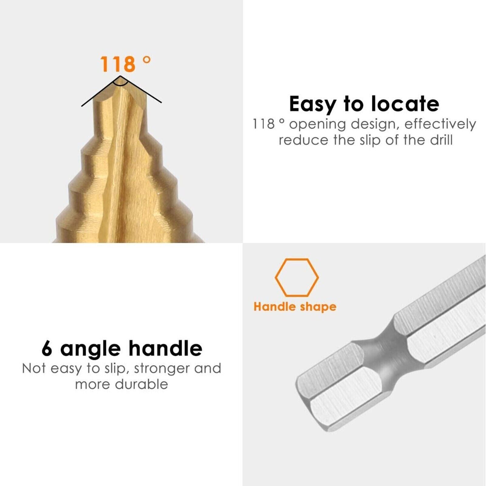 3Pcs Drill Bit Set Titanium Nitride Coated Steel Step Quick Change 1/4 Shank HSS