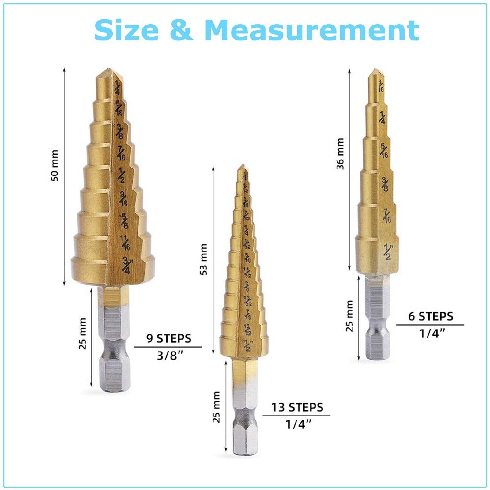3Pcs Drill Bit Set Titanium Nitride Coated Steel Step Quick Change 1/4 Shank HSS