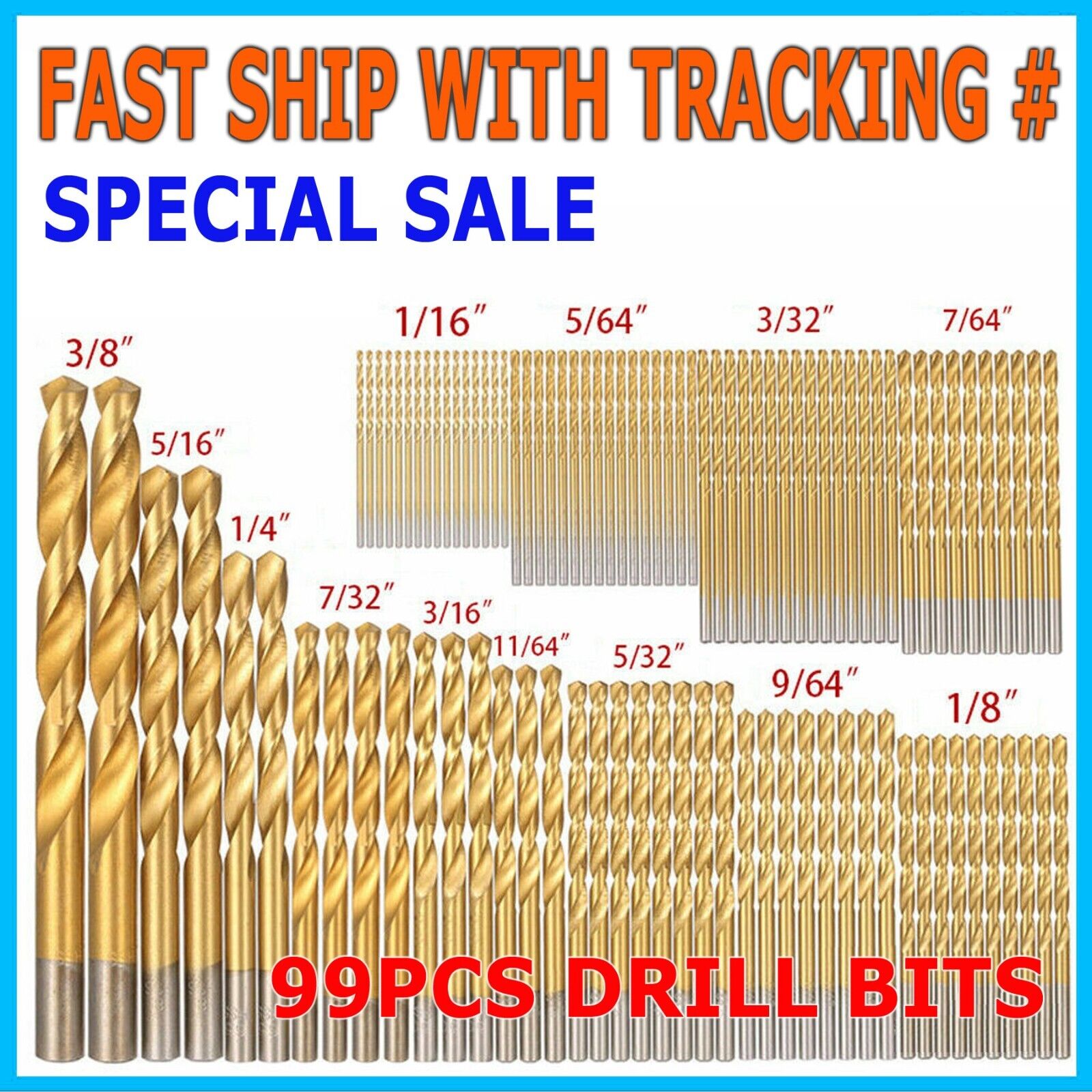 99PCS Drill Bit Set 1/16"-3/8" HSS Titanium Multi Drill Bits Twist Metal Tools
