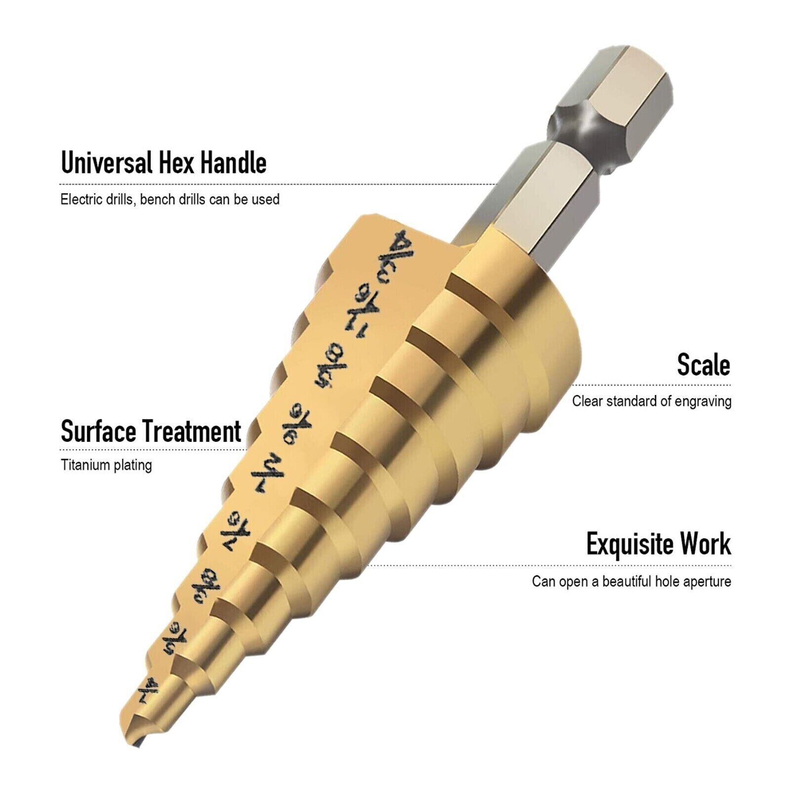 3Pcs Drill Bit Set Titanium Nitride Coated Steel Step Quick Change 1/4 Shank HSS