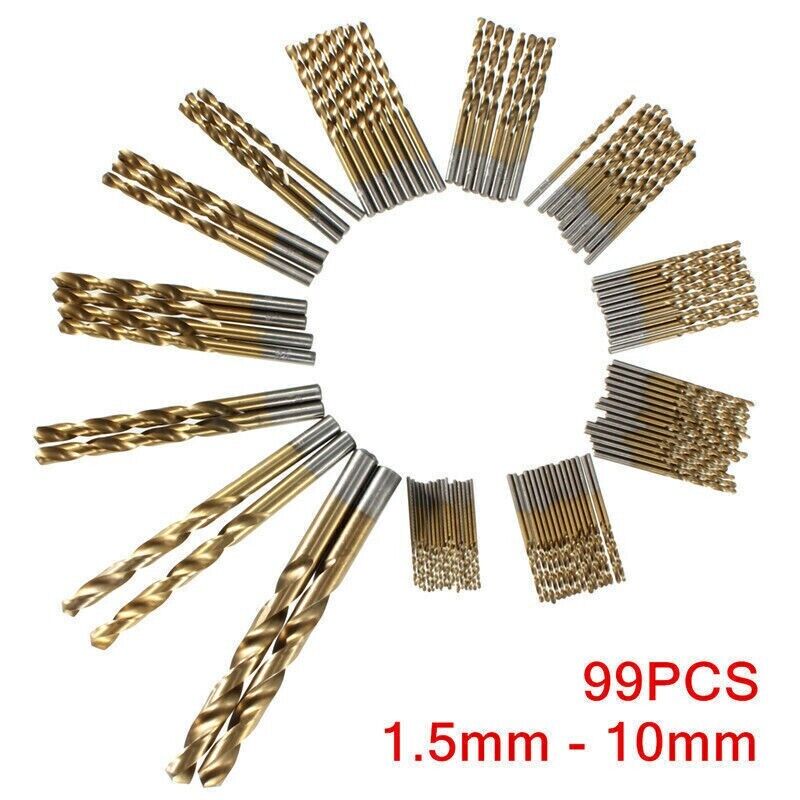 99PCS Drill Bit Set 1/16"-3/8" HSS Titanium Multi Drill Bits Twist Metal Tools