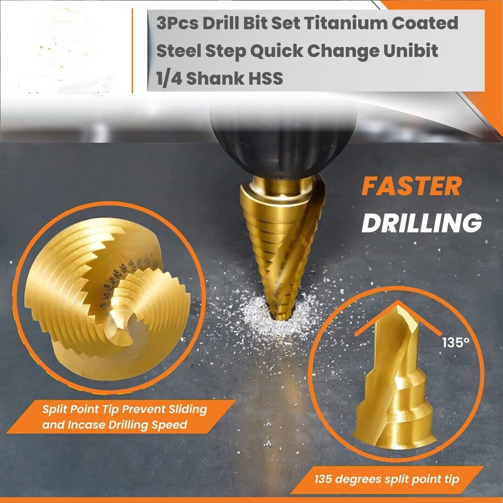 3Pcs Drill Bit Set Titanium Nitride Coated Steel Step Quick Change 1/4 Shank MM