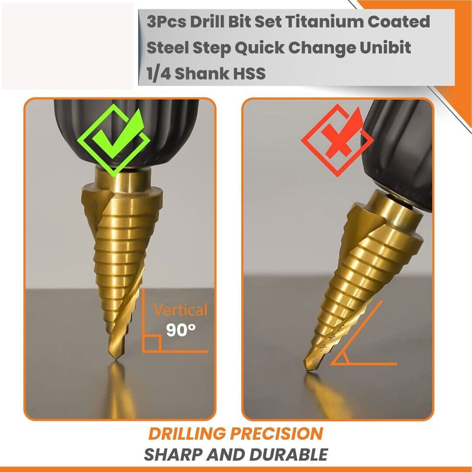 3Pcs Drill Bit Set Titanium Nitride Coated Steel Step Quick Change 1/4 Shank MM