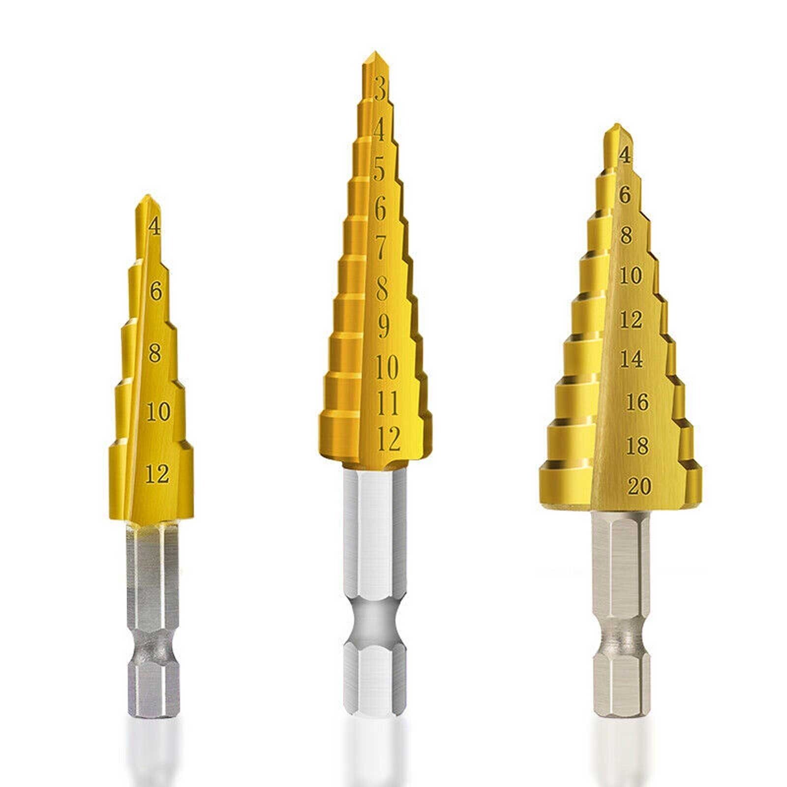 3Pcs Drill Bit Set Titanium Nitride Coated Steel Step Quick Change 1/4 Shank MM