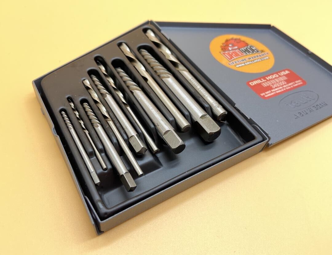 Drill Hog® 10 Pc Left Hand Drill Bits Plus Screw Extractors Lifetime Warranty 