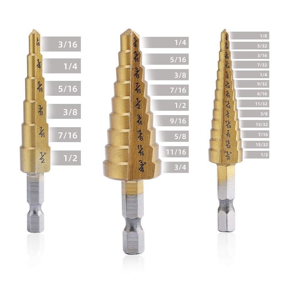 Step Drill Bit Set - Titanium Coated,High Speed Steel Drill Cone Bits,3-Piece