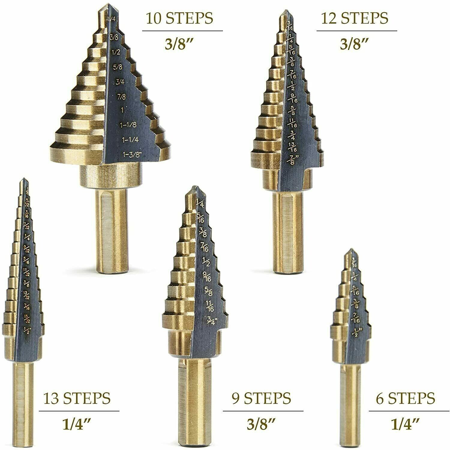 HSS 6PCS Titanium Step Drill Bit Set W Automatic Center Punch High Speed Steel