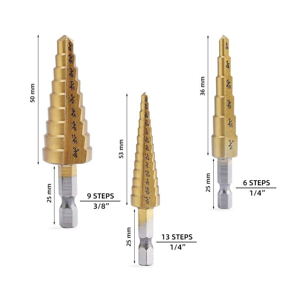 Step Drill Bit Set - Titanium Coated,High Speed Steel Drill Cone Bits,3-Piece
