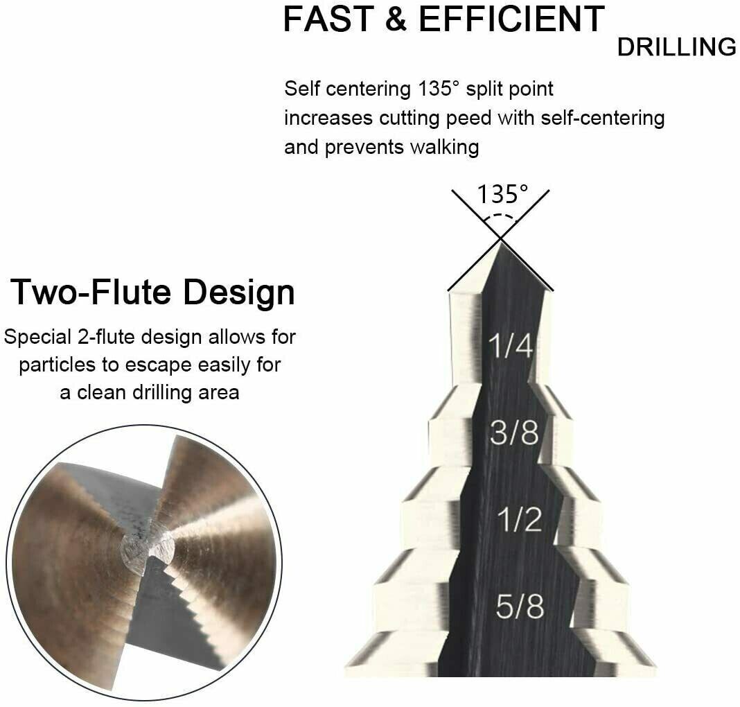 HSS 6PCS Titanium Step Drill Bit Set W Automatic Center Punch High Speed Steel