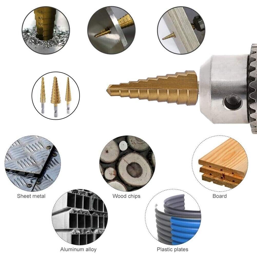 Step Drill Bit Set - Titanium Coated,High Speed Steel Drill Cone Bits,3-Piece