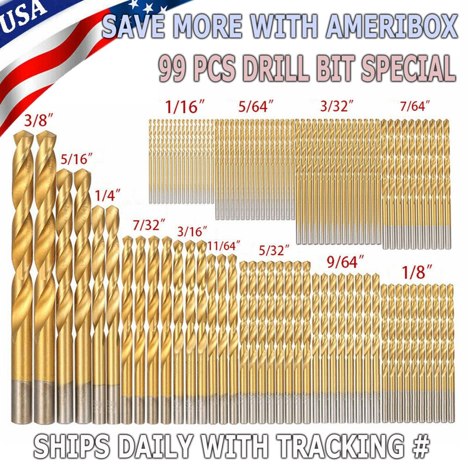 99PCS Drill Bit Set 1/16"-3/8" HSS Titanium Multi Drill Bits Twist Metal Tools