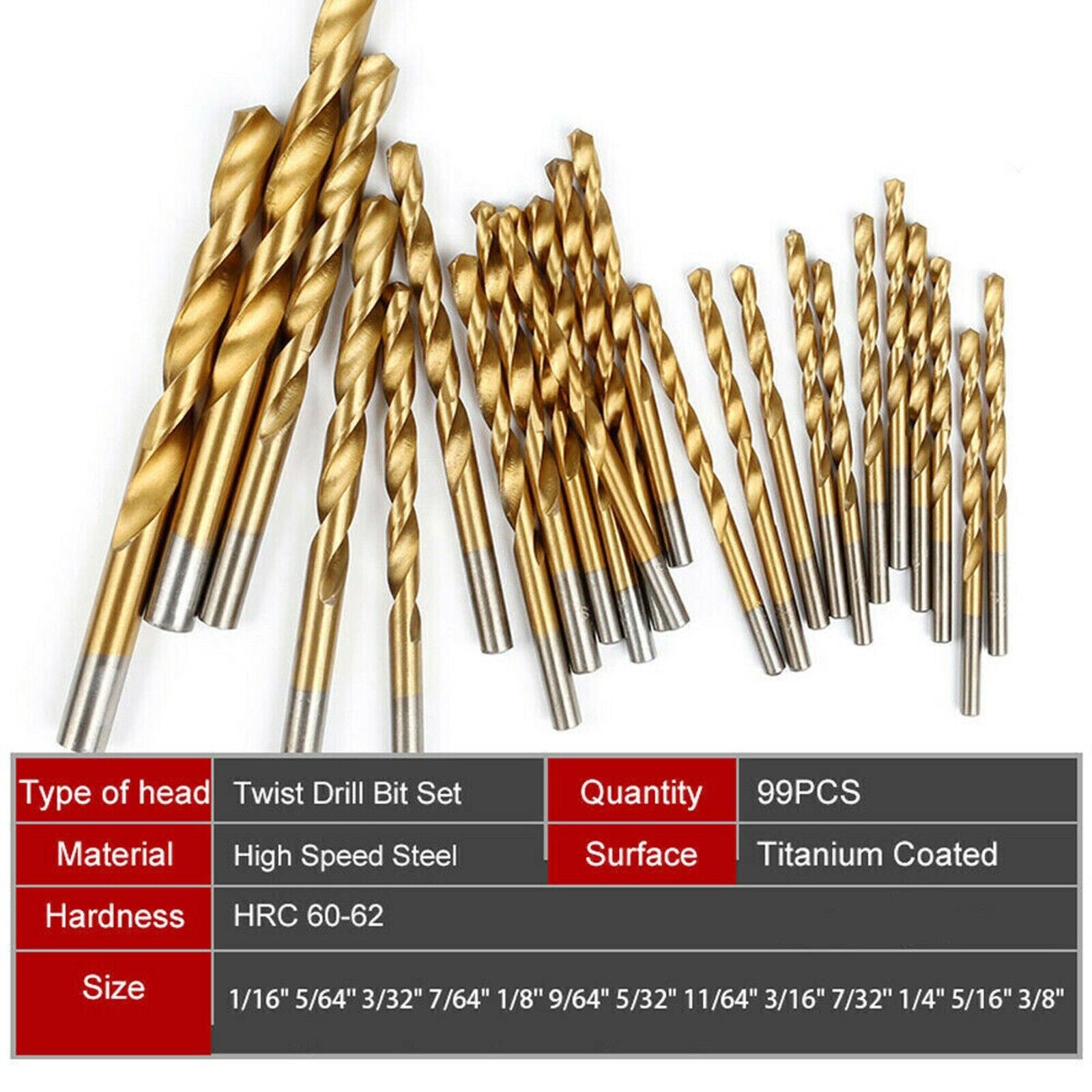 99PCS Drill Bit Set 1/16"-3/8" HSS Titanium Multi Drill Bits Twist Metal Tools