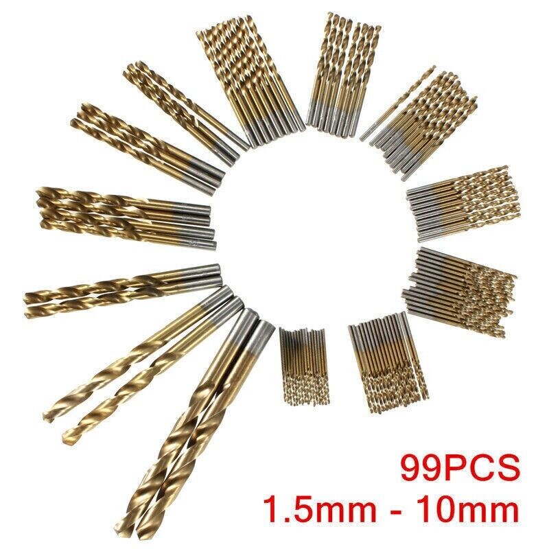 99PCS Drill Bit Set 1/16"-3/8" HSS Titanium Multi Drill Bits Twist Metal Tools