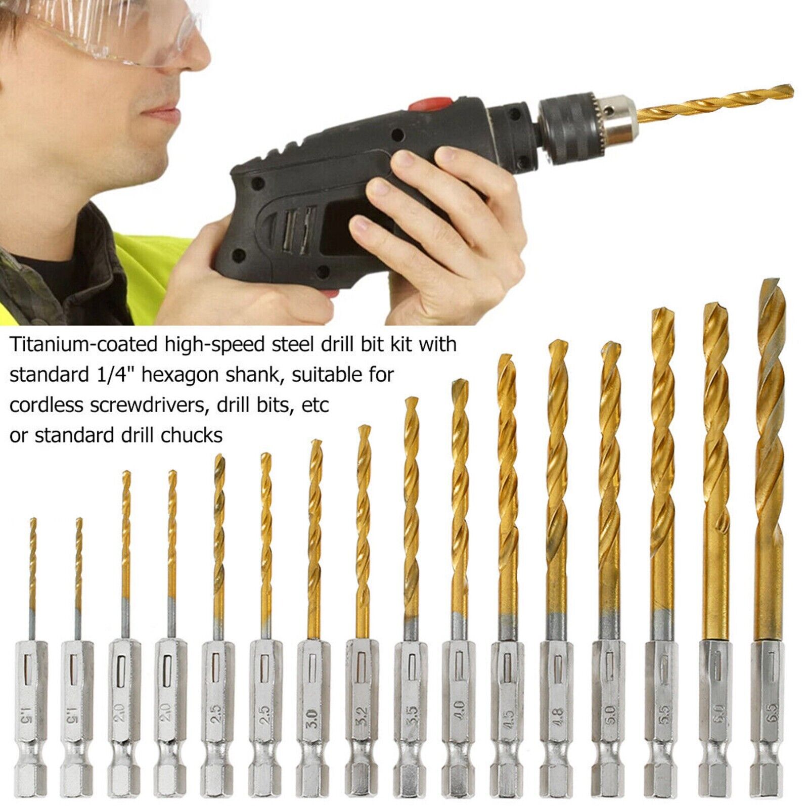32PCS Drill Bit Set Titanium Coated HSS High Speed Steel Hex Shank Quick Change