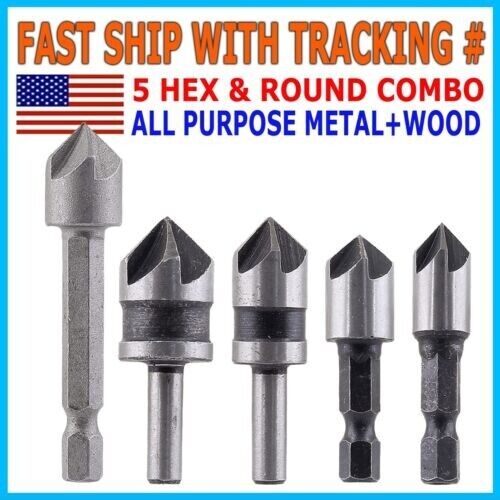 5pc Chamfer Countersink Deburring Drill Bit Set Crosshole Cutting Metal Tool Kit