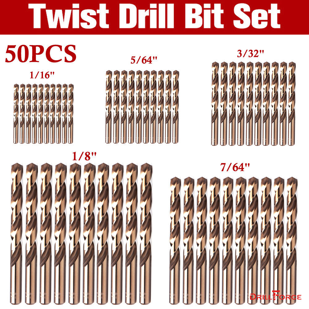 50PCS Cobalt Drill Bit Set 1/16"-1/8" HSSCO Multi Drill Bits Twist Metal Tools