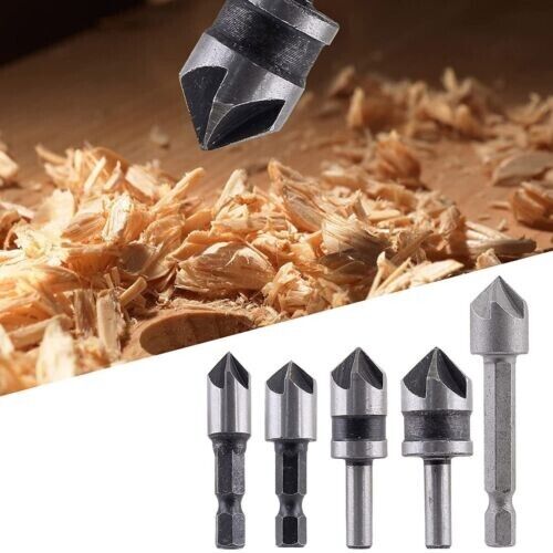 5pc Chamfer Countersink Deburring Drill Bit Set Crosshole Cutting Metal Tool Kit