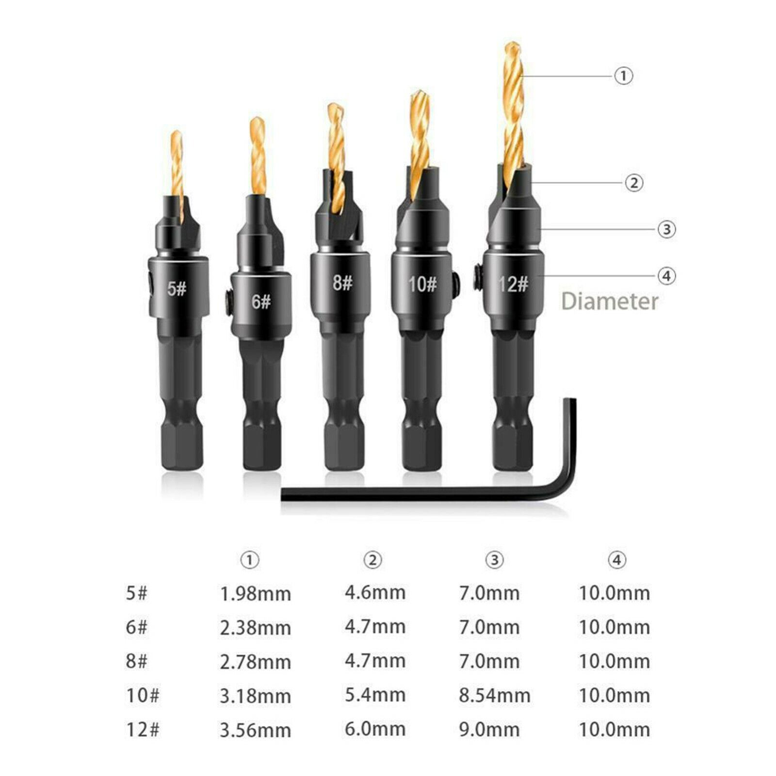 12x HSS Countersink Drill Bit 1/4" Hex Shank Woodworking Pilot Screw Hole Set