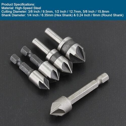 5pc Chamfer Countersink Deburring Drill Bit Set Crosshole Cutting Metal Tool Kit