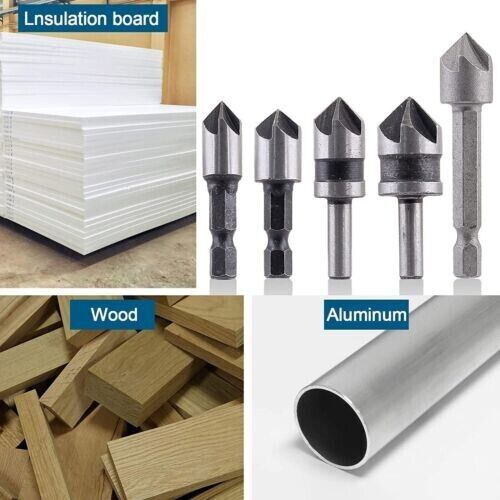5pc Chamfer Countersink Deburring Drill Bit Set Crosshole Cutting Metal Tool Kit