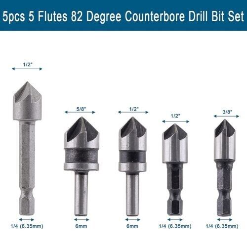 5pc Chamfer Countersink Deburring Drill Bit Set Crosshole Cutting Metal Tool Kit