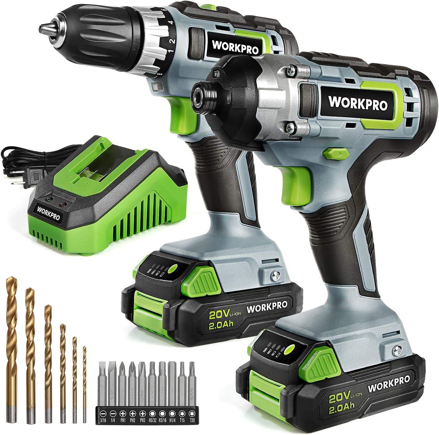 20V Cordless Drill Combo Kit Drill Driver&Impact Driver 2x 2.0Ah Battery&Charger