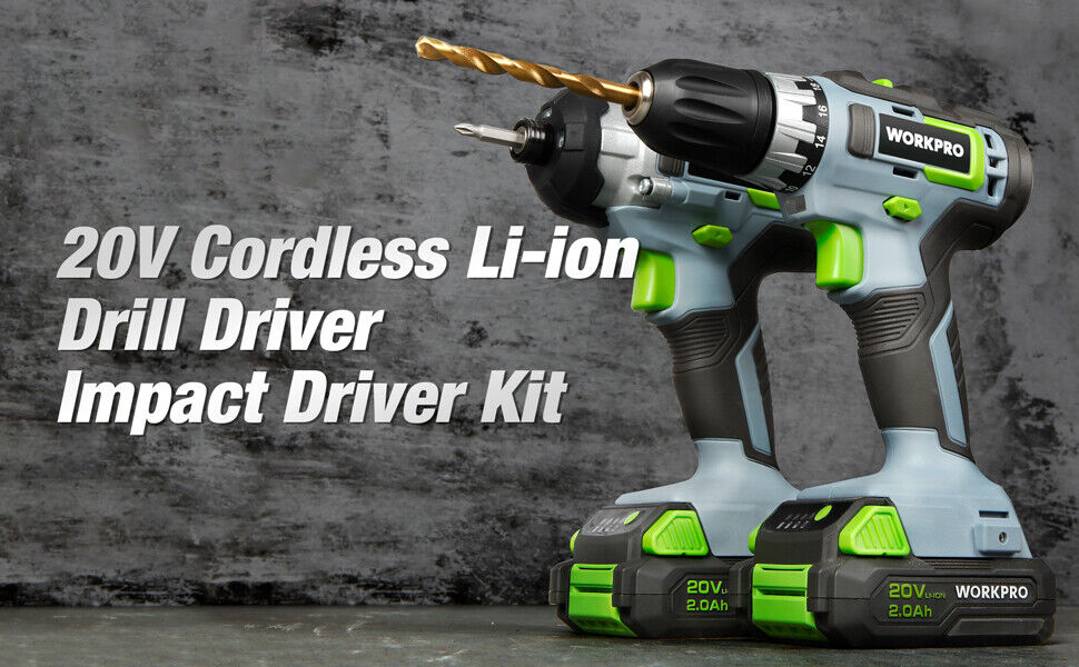 20V Cordless Drill Combo Kit Drill Driver&Impact Driver 2x 2.0Ah Battery&Charger