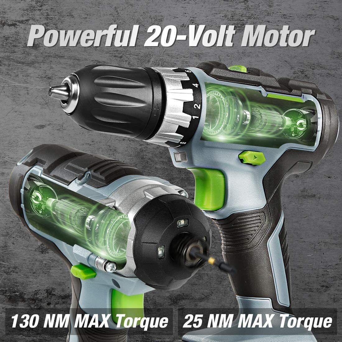 20V Cordless Drill Combo Kit Drill Driver&Impact Driver 2x 2.0Ah Battery&Charger