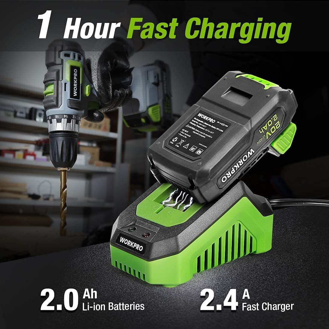 20V Cordless Drill Combo Kit Drill Driver&Impact Driver 2x 2.0Ah Battery&Charger