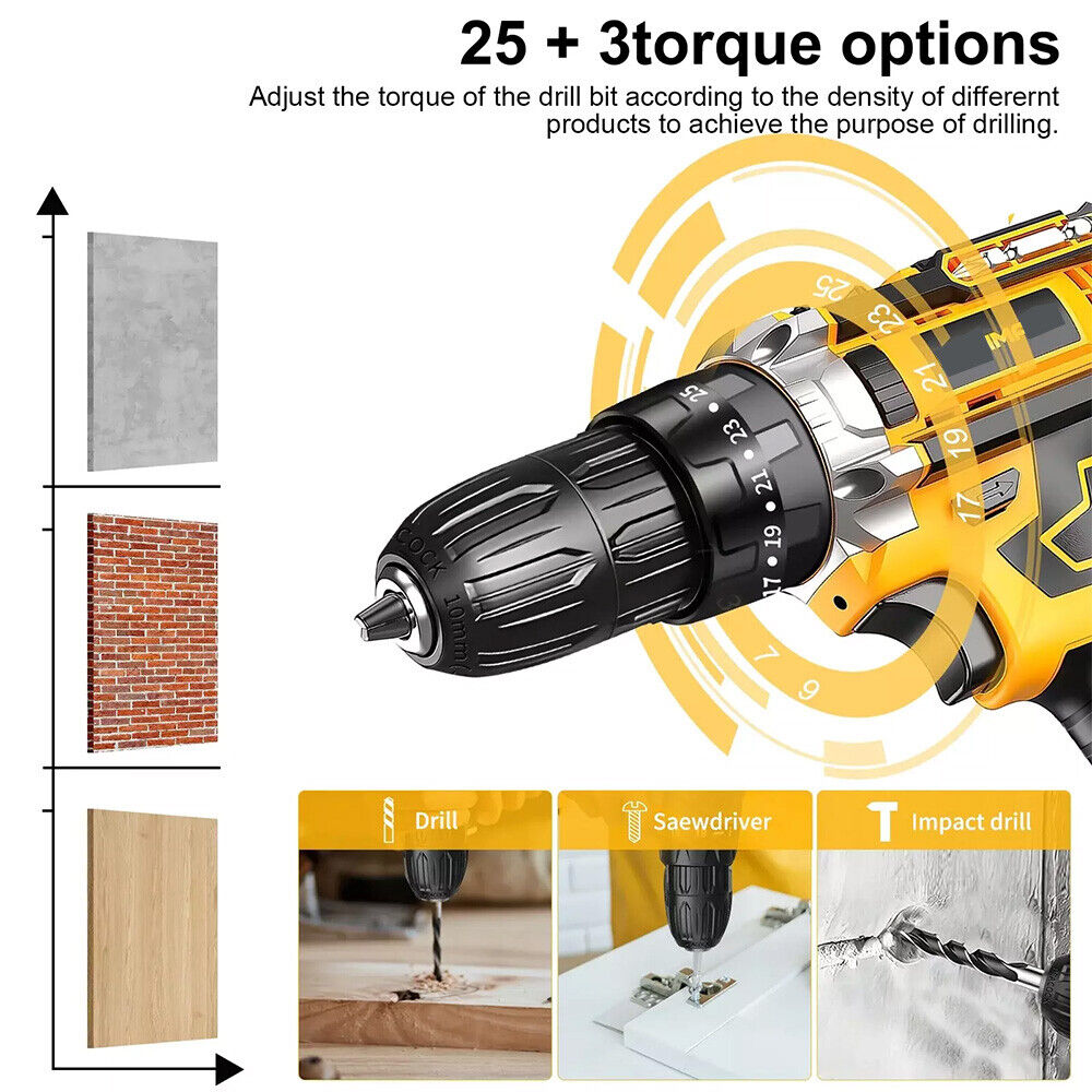 Cordless Brushless Impact Driver Hammer Drill Combo Kit with 2 Battery & Charger