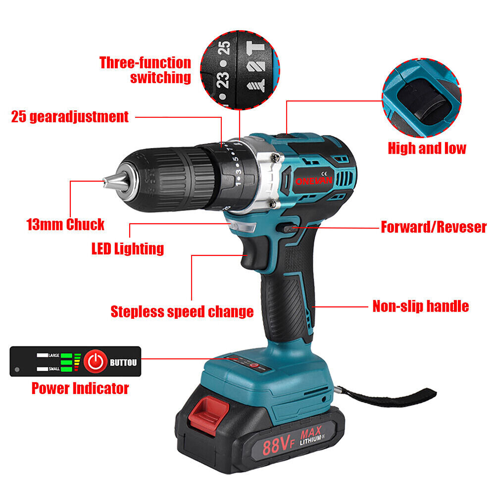 20V Cordless Electric Drill 1/2" Brushless Power Drill Driver with 2 Batteries