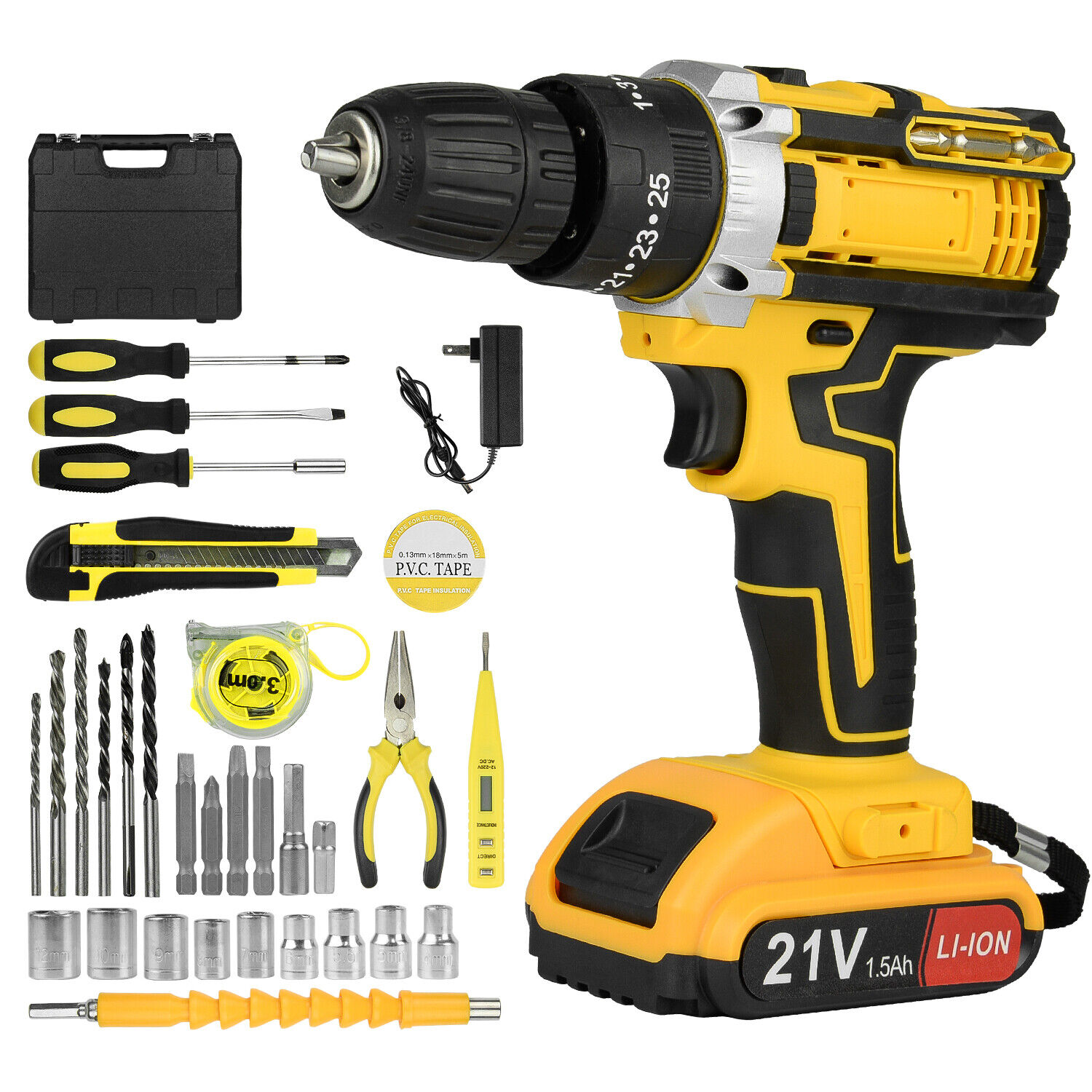 21V Electric Drill Power Tool Cordless Screwdriver 34PCS Drill Set with Battery