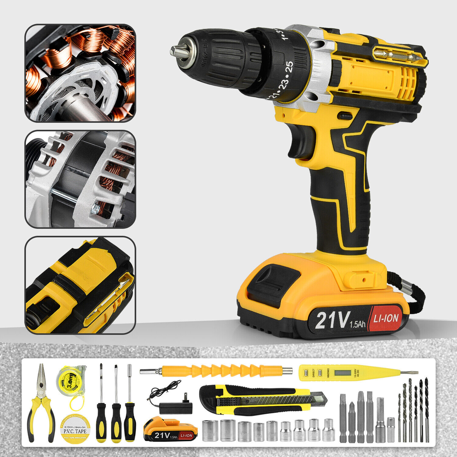 21V Electric Drill Power Tool Cordless Screwdriver 34PCS Drill Set with Battery