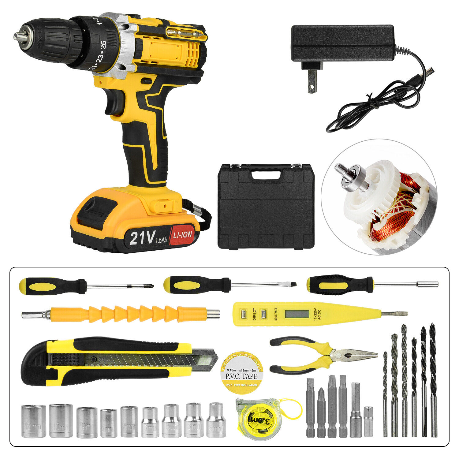 21V Electric Drill Power Tool Cordless Screwdriver 34PCS Drill Set with Battery