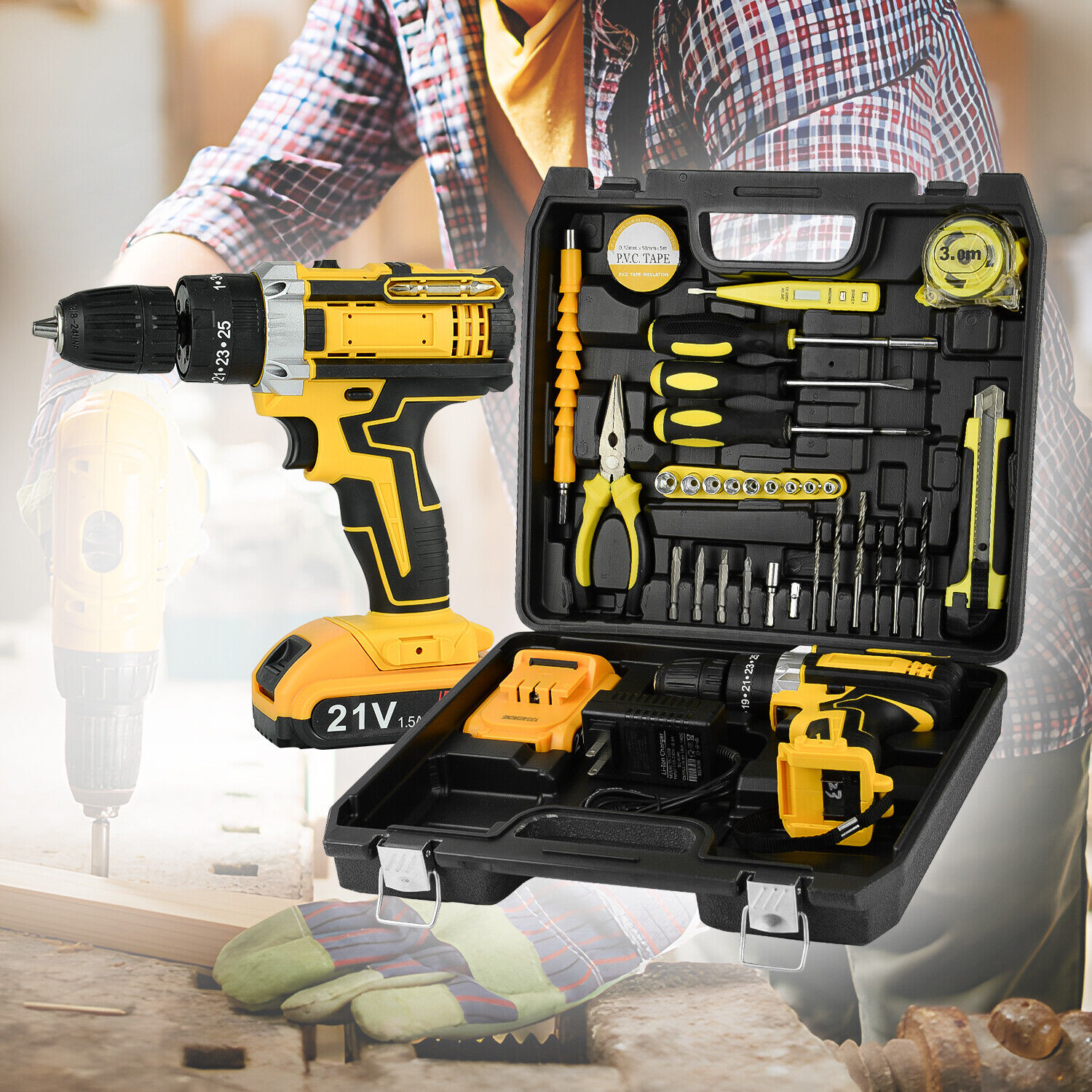 21V Electric Drill Power Tool Cordless Screwdriver 34PCS Drill Set with Battery