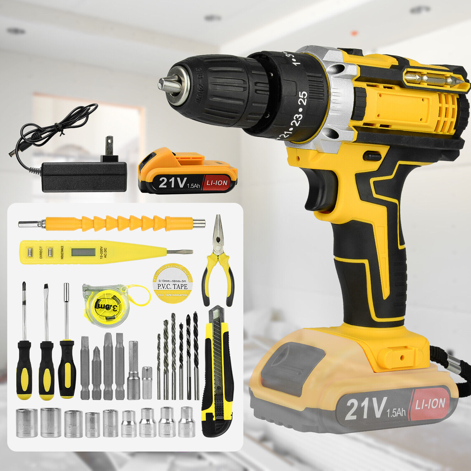 21V Electric Drill Power Tool Cordless Screwdriver 34PCS Drill Set with Battery