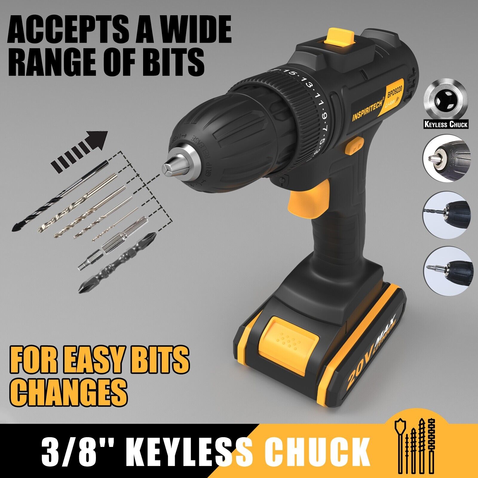 20Volt drill 2 Speed Electric Cordless Drill/Driver with Bits Set & 2 Batteries