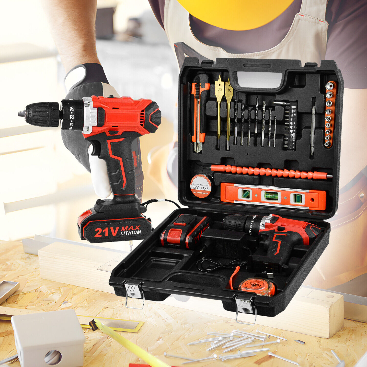 21V Cordless Electric Drill 2 Speed Screwdriver Tool Set with 32 Bits & Battery