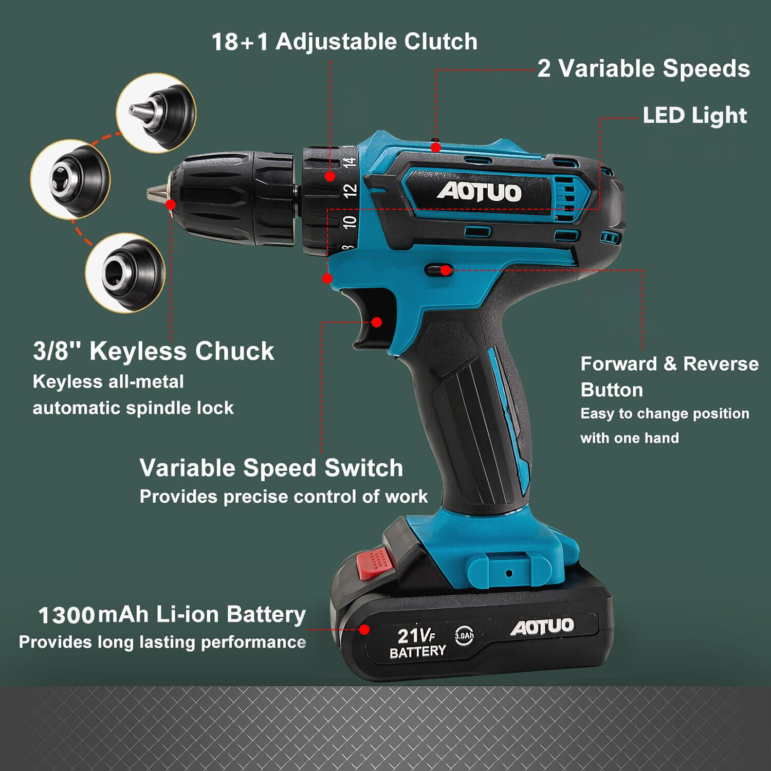 HBN Cordless Drill Set, 21V Lithium Ion Power Drill with 1 Battery and Charger