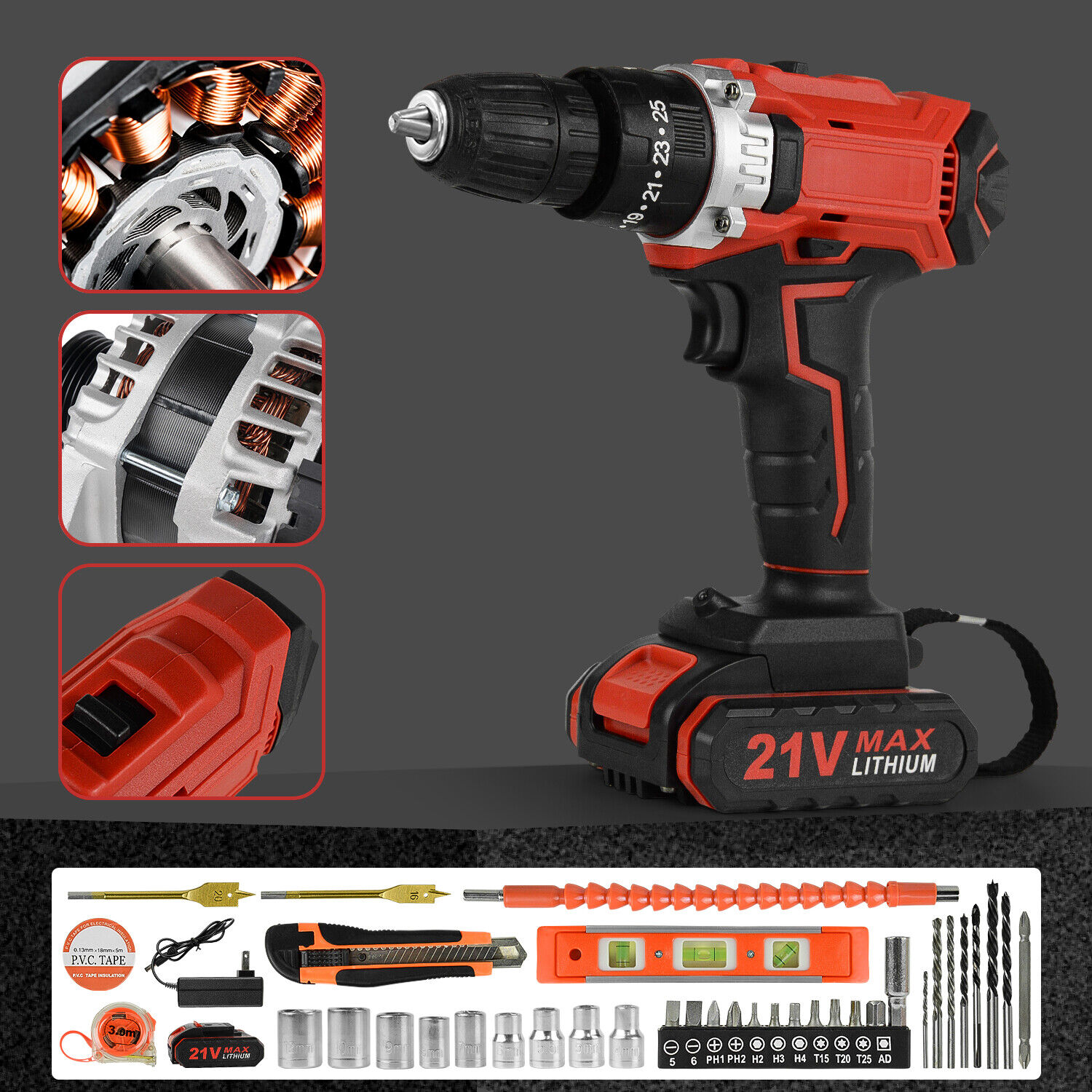 21V Cordless Electric Drill 2 Speed Screwdriver Tool Set with 32 Bits & Battery