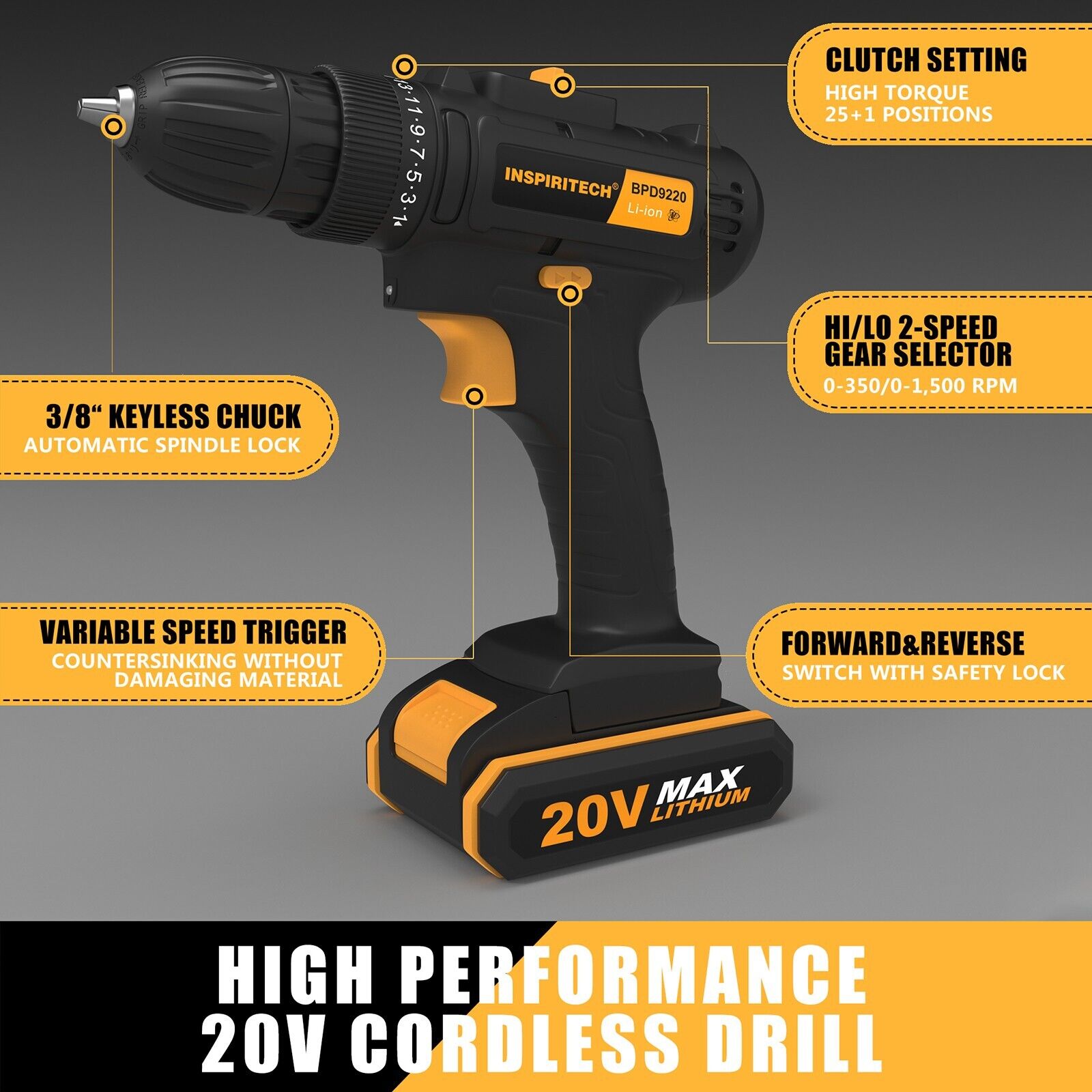 20Volt drill 2 Speed Electric Cordless Drill/Driver with Bits Set & 2 Batteries