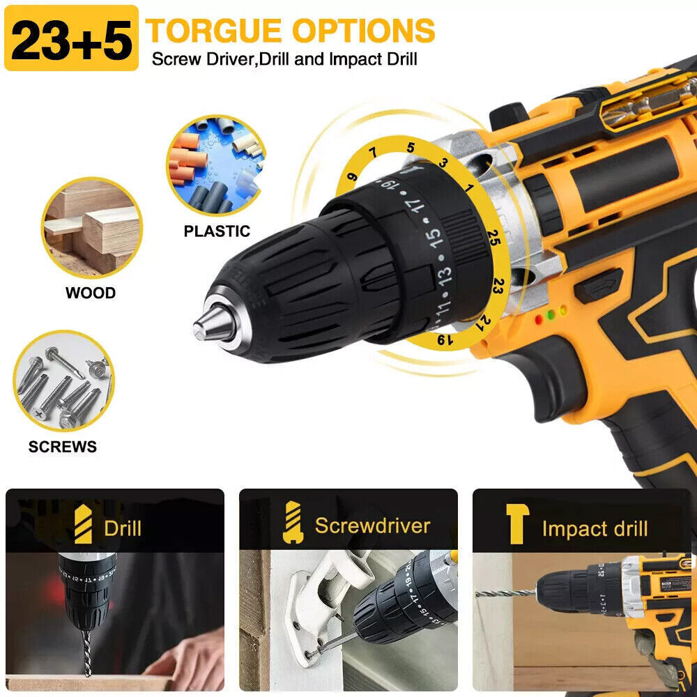 Cordless Brushless Impact Driver Hammer Drill Combo Kit with 2 Battery & Charger