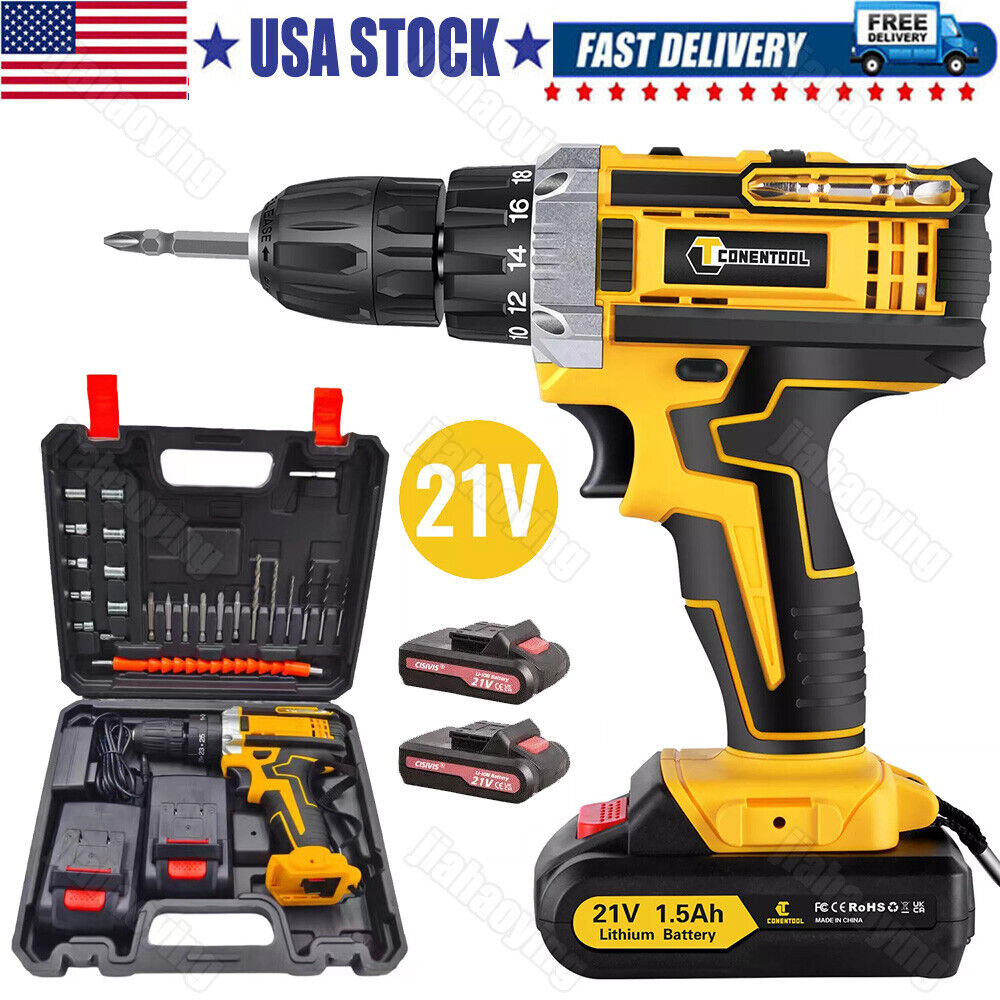 21-Volt Drill 2 Speed Electric Cordless Drill / Driver with Bits Set & Battery