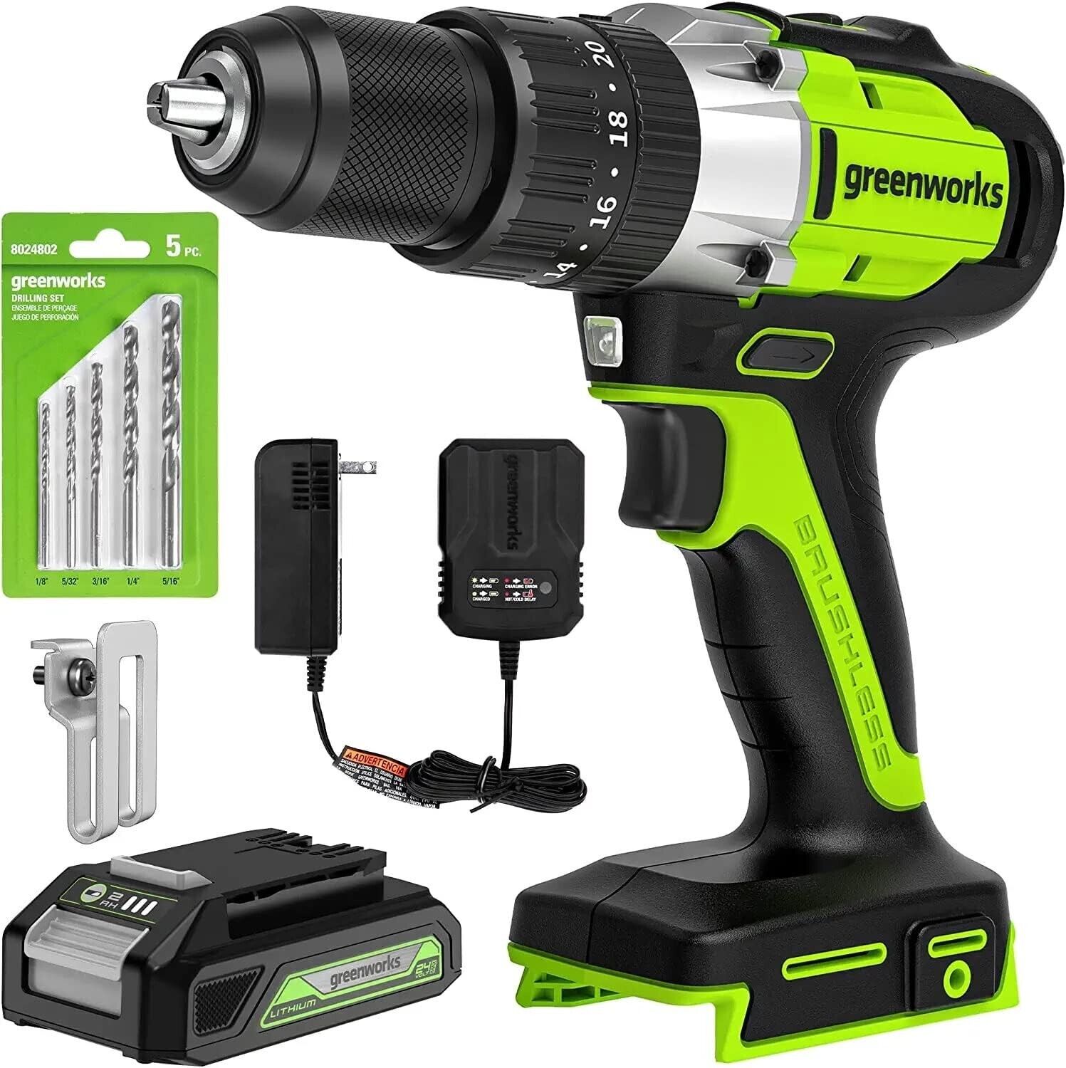 Greenworks 24V 1/2 in Hammer Drill 530 in-lbs w/ 2Ah Battery 2A Charger 5Pcs Bit