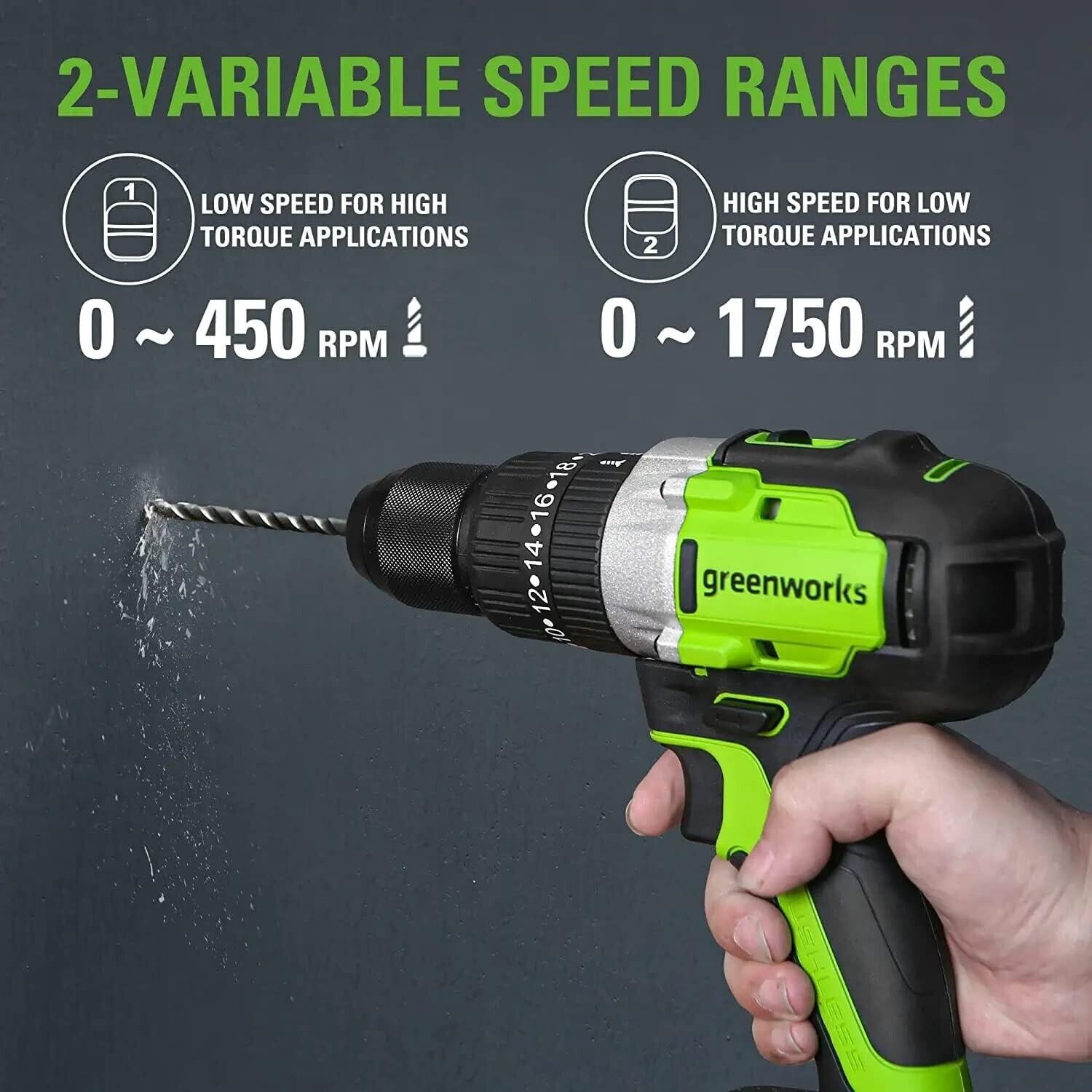 Greenworks 24V 1/2 in Hammer Drill 530 in-lbs w/ 2Ah Battery 2A Charger 5Pcs Bit