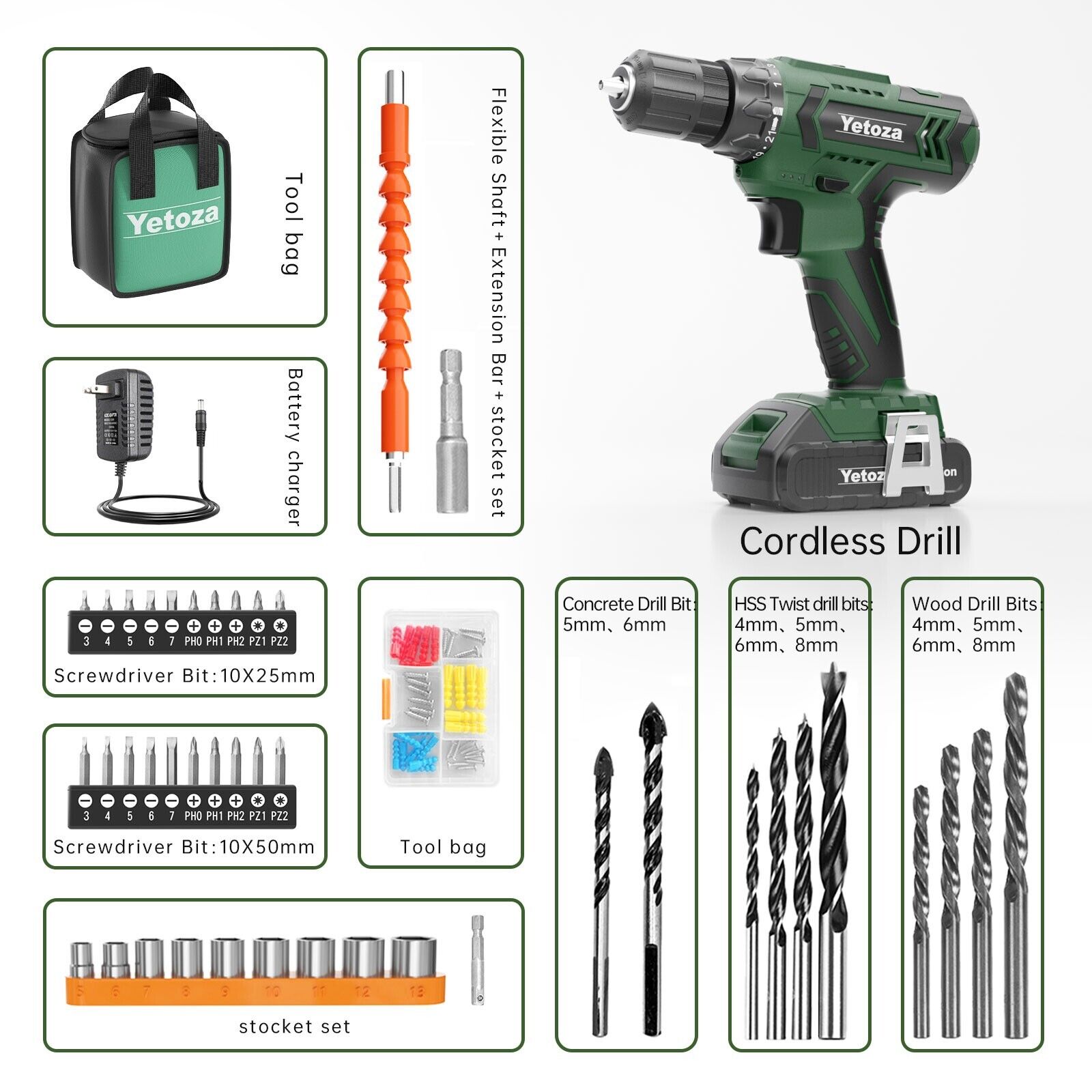 Cordless Drill Set 20V Power Drill Set with Battery and Charger, Electric Drill