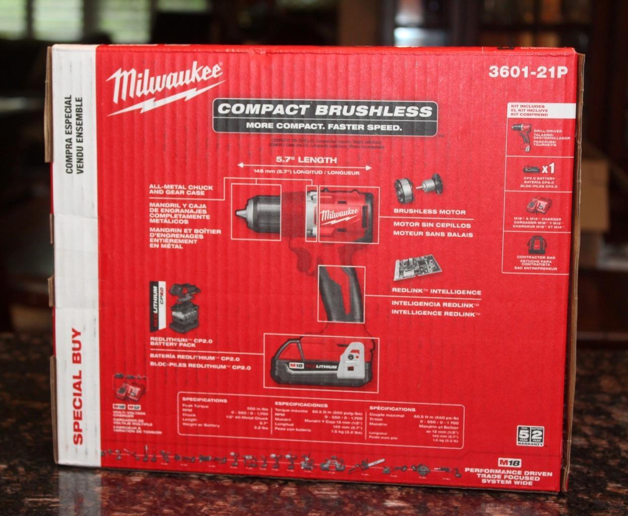 Milwaukee  3601-21P M18 18V 1/2"  Compact Brushless Drill Driver Kit Set - New